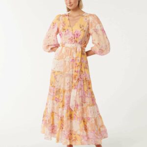 Forever New Women's Imogen Tiered Wrap Midi Dress in Amora Patchwork, Size 8 Ramie/Viscose