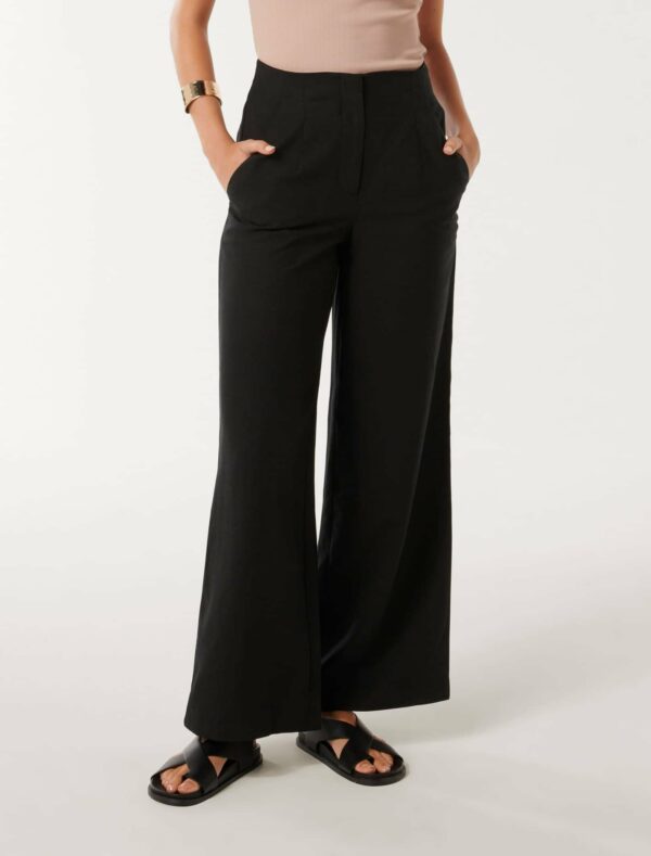 Forever New Women's Mona Wide-Leg Pants in Black, Size 10 Lyocell/Linen/Viscose