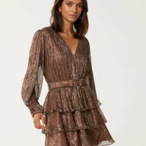 Forever New Women's Nancy Petite Plisse Tiered Mini Dress in Bronze, Size 10 Metallised Fibre/Polyester