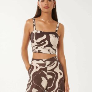 Forever New Women's Patricia Printed Linen Top in Brown Dunstan Abstract Co-ord, Size 16 Linen/Cotton