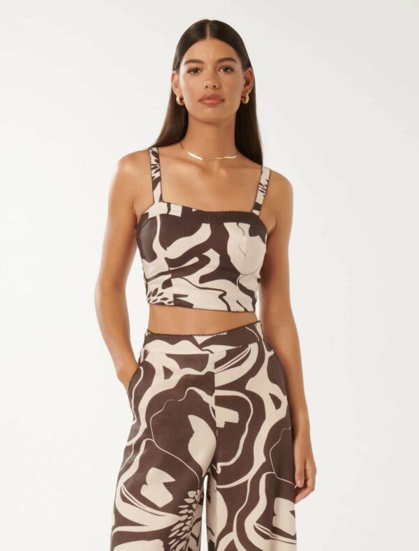 Forever New Women's Patricia Printed Linen Top in Brown Dunstan Abstract Co-ord, Size 16 Linen/Cotton