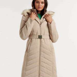 Forever New Women's Pia Longline Quilted Puffer Jacket in Camel, Size 8 Polyester/Elastane