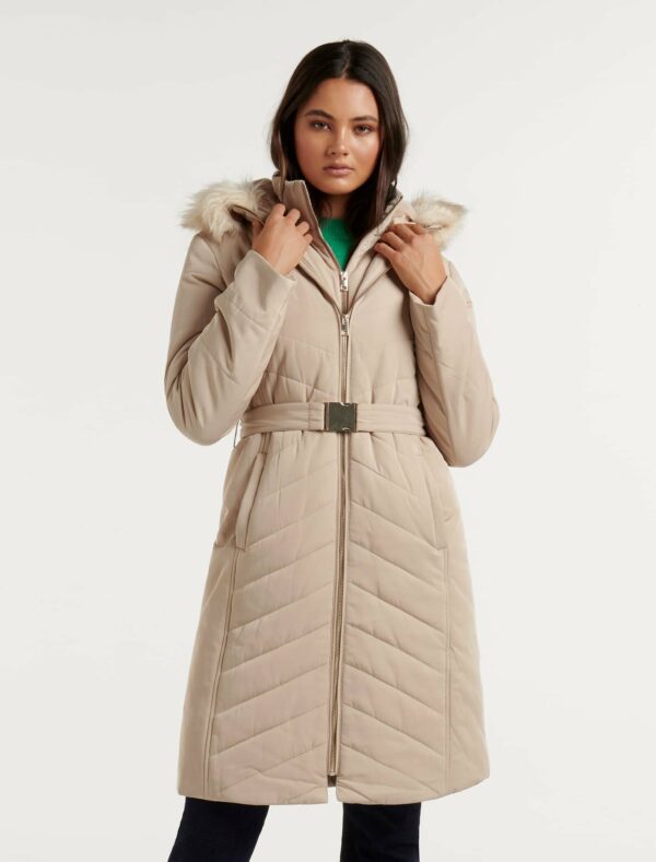 Forever New Women's Pia Longline Quilted Puffer Jacket in Camel, Size 8 Polyester/Elastane