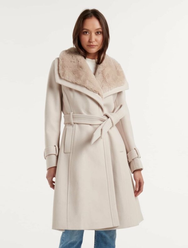 Forever New Women's Tegan Faux Fur Collar Coat in Cream, Size 6 Polyester/Acrylic/Wool