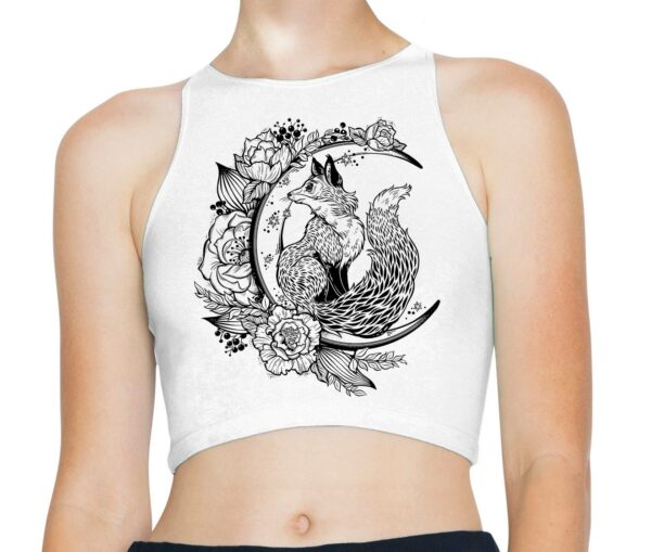 Fox On Crescent Moon Tattoo Women's High Neck Sleeveless Crop Top