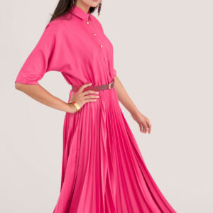 Fuchsia Kimono Sleeve Pleated Shirt Dress