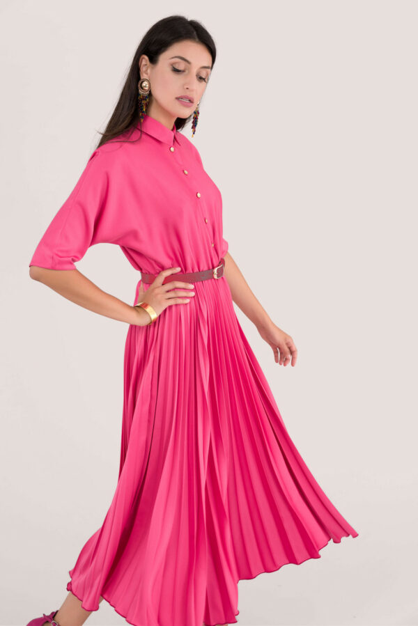 Fuchsia Kimono Sleeve Pleated Shirt Dress