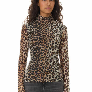 GANNI Leopard Printed Mesh Long Sleeve Rollneck Top Size Large Women's