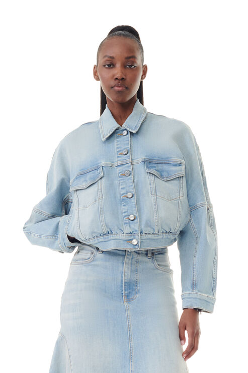 GANNI Light Blue Denim Bomber Jacket in Tint Wash Size 12 Women's