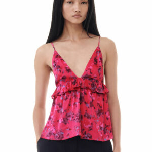 GANNI Red Floral Printed Satin Strap Top in Raspberry Wine Size 4 Women's