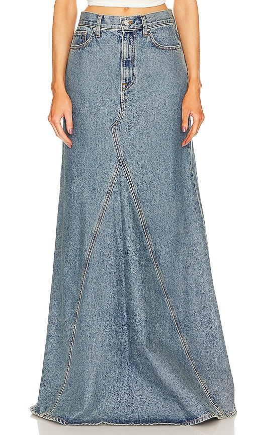 GRLFRND Fiona Godet Maxi Skirt in Blue. Size 23, 24.