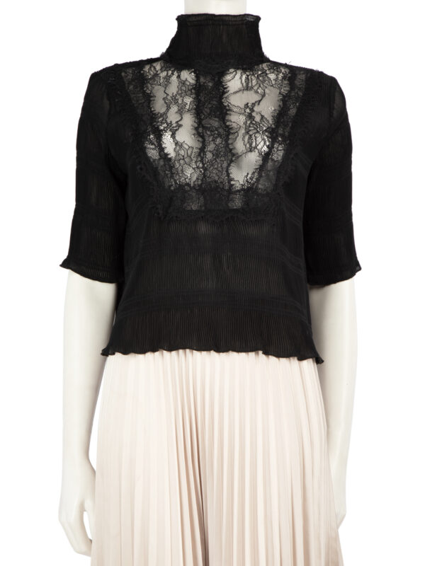 Ganni Black Pleated Lace Panel Top