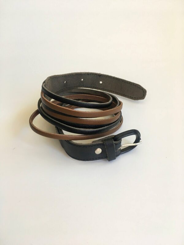 Genuine Leather Layered Belt, Skinny Belt For Women, Black Brown Striped Waist Cincher, Tiny Narrow Cinch