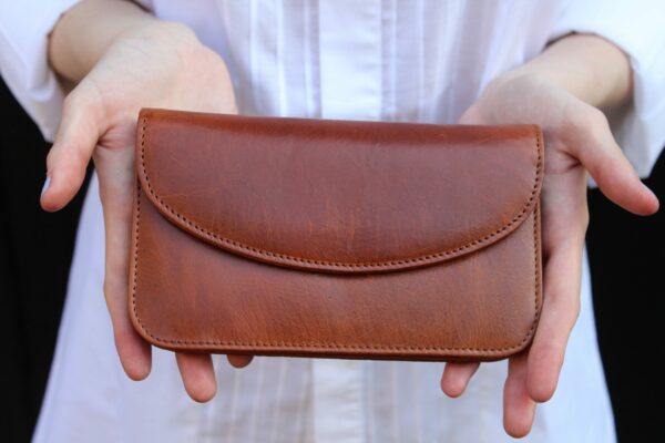 German Leather Wallet, Tan, Long & Slim Multi-Compartment Cards At Back, Middle Zipped Compartments, Make Up Bag, Clutch Bag