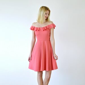 Ginger | Off-Shoulder Midi Dress With Ruffle Trim. Bardot Neck Circle Skirt Summer in Coral Pink