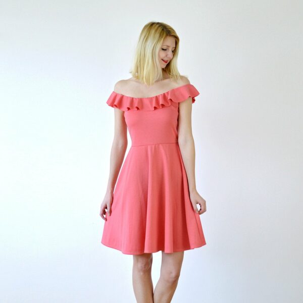 Ginger | Off-Shoulder Midi Dress With Ruffle Trim. Bardot Neck Circle Skirt Summer in Coral Pink