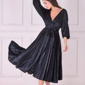 Goddiva Satin Pleated Skirt Wrap Midi Dress - Black