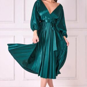 Goddiva Satin Pleated Skirt Wrap Midi Dress - Emerald Green