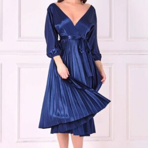 Goddiva Satin Pleated Skirt Wrap Midi Dress - Navy