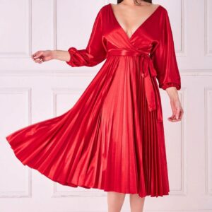 Goddiva Satin Pleated Skirt Wrap Midi Dress - Red