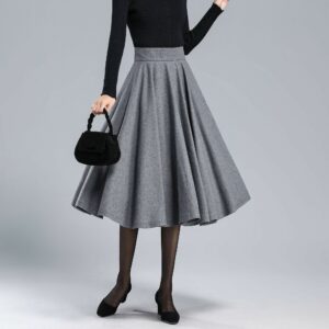 Gray Wool Skirt, Circle Midi Skirt Women, Pleated Winter With Pockets, A Line Flared Minimalist 3168