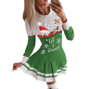 (Green, M) Christmas Womens Long Sleeve Xmas Santa Mini Dress Party Holiday Colorblock Pleated Dress