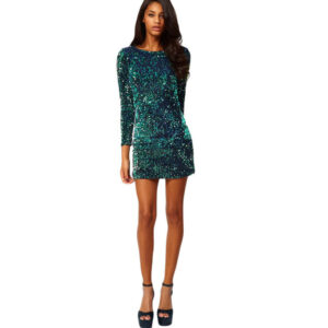 (Green, M) Women Sequin Bodycon Mini Club Dress Round Neck 3/4 Sleeve Plunge Back Party