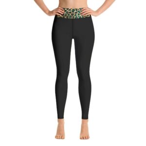 Green & Gold Leopard Print High Waisted Womens Yoga Leggings, Black Festival Pants