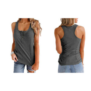 (Grey, XL) Women's Button Down Sleeveless Tank Top