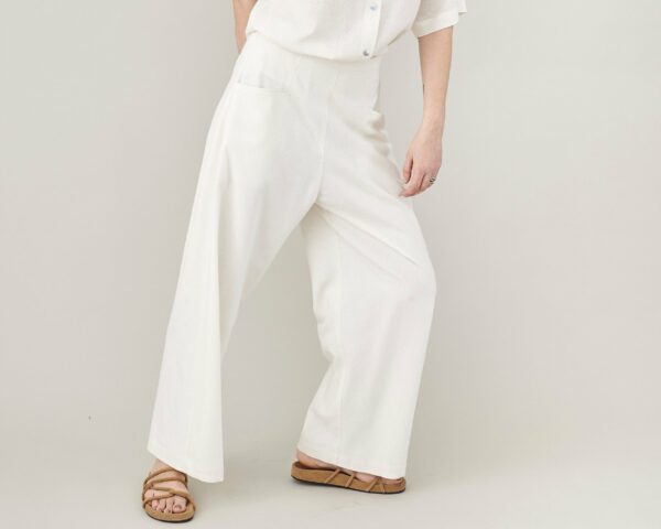 Handmade 100% Raw Silk Pants For Summer, Cropped, Wide Leg Off White Tailored With Back Elastic Waist, Modern Slacks