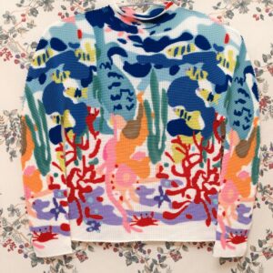 Handmade Pleated T-Shirt Stretchy Long Sleeved Colorful Top Tee Under The Sea Fish Pattern With Creatures