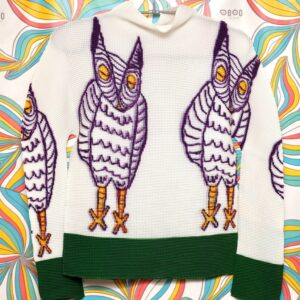 Handmade Pleated T-Shirt Stretchy Long Sleeved White Top Tee Owl Animal Patterned Green