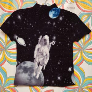 Handmade Pleated T-Shirt Stretchy Short Sleeved Black Top With An Astronaut Galaxy & Planet Print Tee