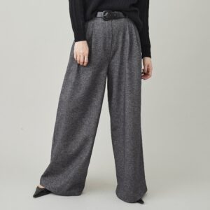 Handmade Wide Leg Pants For Women, Custom Tailored Trousers With High Rise & Pleats, Grey Herringbone Print Soft Cotton Spring Fall