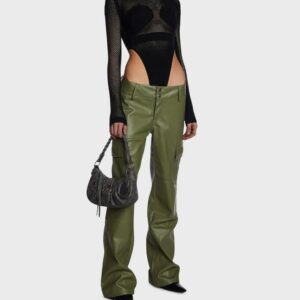 Handmade Women Leather Cargo Pants Genuine Cowhide Ladies Motorcycle Olive Green Steampunk Party Wear Fashion