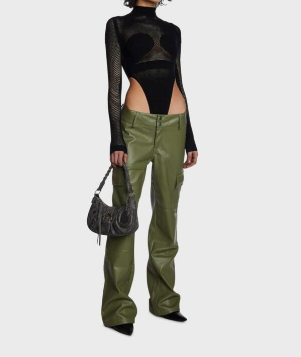 Handmade Women Leather Cargo Pants Genuine Cowhide Ladies Motorcycle Olive Green Steampunk Party Wear Fashion