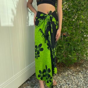 Hawaiian Design Green & Black Plumeria Flower Sarong Cover-Up Floral Pareo Wrap Skirt Dress