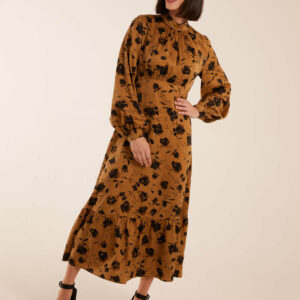 High Neck Midi Dress With Tiered Skirt and Puff Long Sleeve - 12 / GOLD