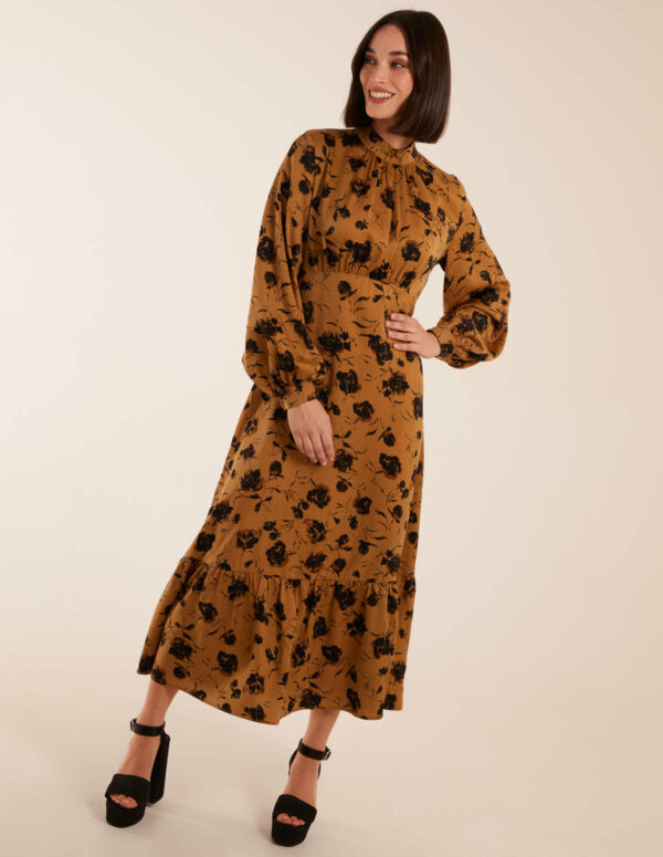 High Neck Midi Dress With Tiered Skirt and Puff Long Sleeve - 12 / GOLD