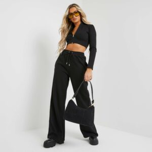 High Waist Wide Leg Casual Joggers In Black, Black