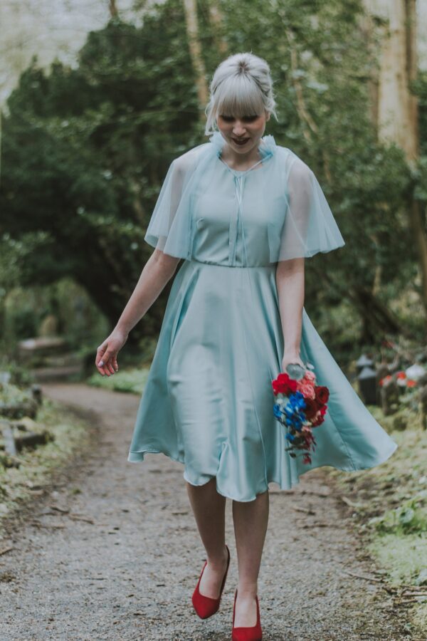 Ice Blue Satin Dress Full Circle Skirt Below The Knee Sleeveless Bridesmaid Or Wedding Guest Outfit