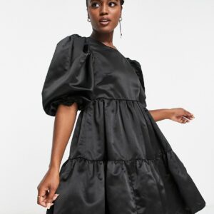 In The Style exclusive satin puff sleeve tiered mini prom dress in black