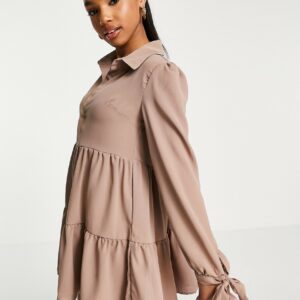 In The Style x Dani Dyer tiered shirt dress with bow detail cuffs in taupe-Neutral