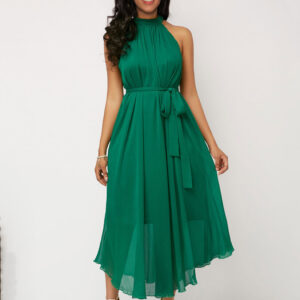 Irregular Dress Halter Sleeveless Belted Prom Midi Dress In Solid Color