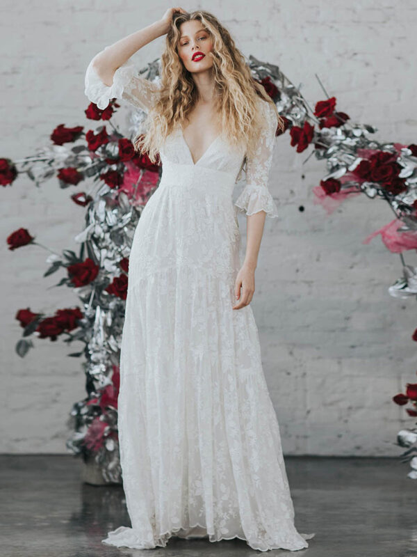 Ivory Boho Wedding Dress Lace A-Line With Train Backless Half Sleeves V-Neck Bridal Dresses Free Customization