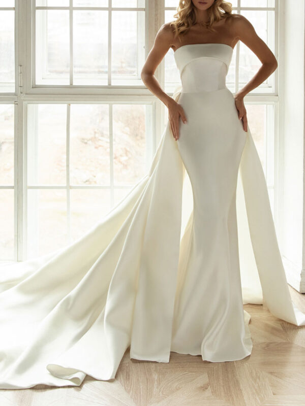 Ivory Simple Wedding Dress Satin Fabric Strapless Sleeveless Backless Bows Mermaid Bridal Gowns