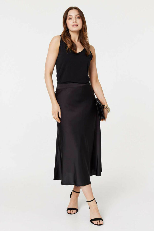 Izabel London Black - High Waist Elasticated A-line Midi Skirt, Size: 8