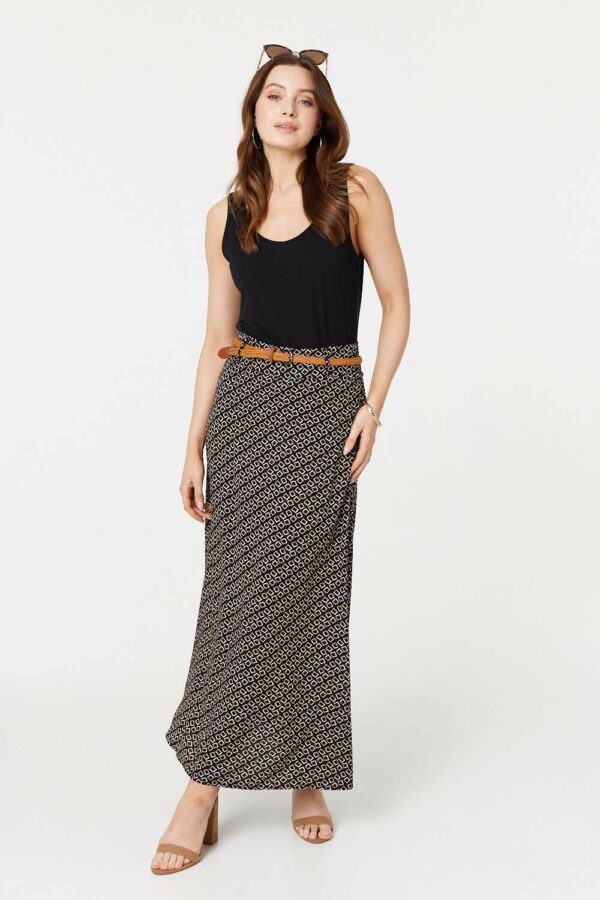 Izabel London Black - Printed A-line Belt Maxi Skirt, Size: 14