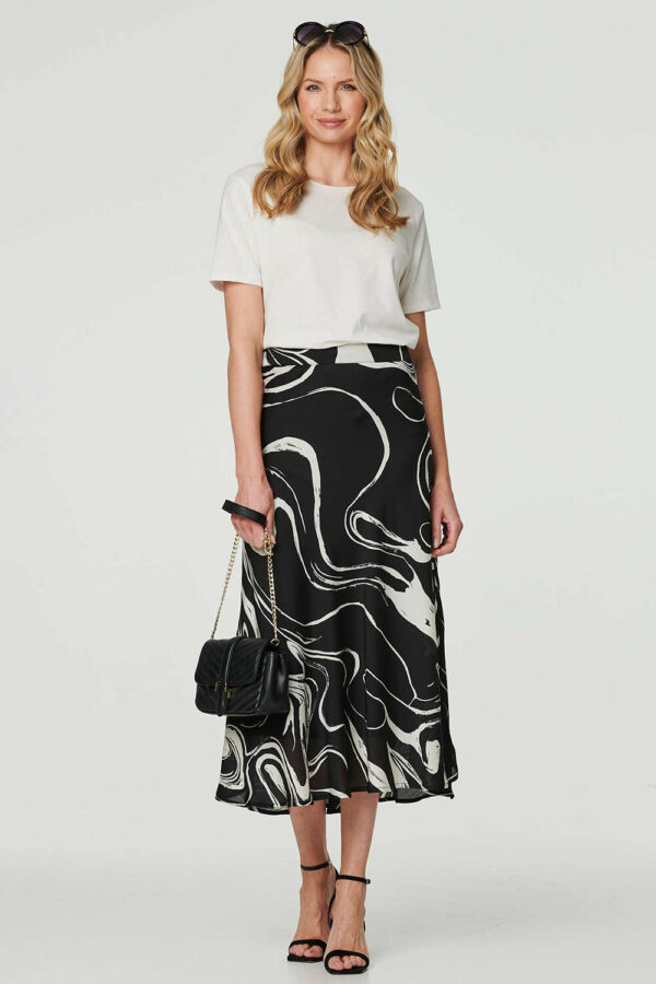 Izabel London Black - Printed High Waist A-line Midi Skirt, Size: 10