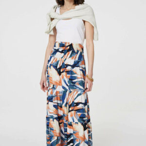 Izabel London Blue - Printed Tiered High Waist Maxi Skirt, Size: 12